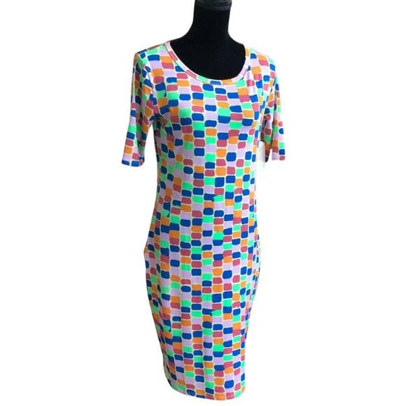 LuLaRoe Womens Dress Sz M Julia Colorful Rectangles Dots Green Rust Blue NEW - Picture 2 of 6